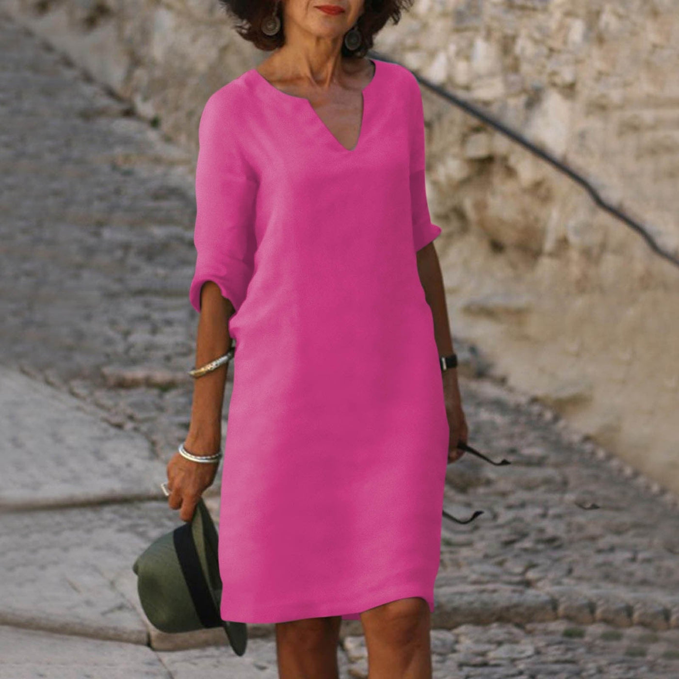 Georgia - Dress with V-Neck and Three-Quarter Sleeves