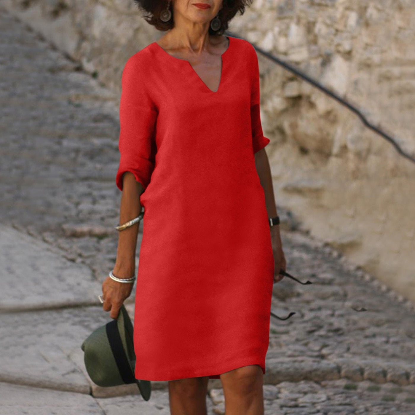 Georgia - Dress with V-Neck and Three-Quarter Sleeves