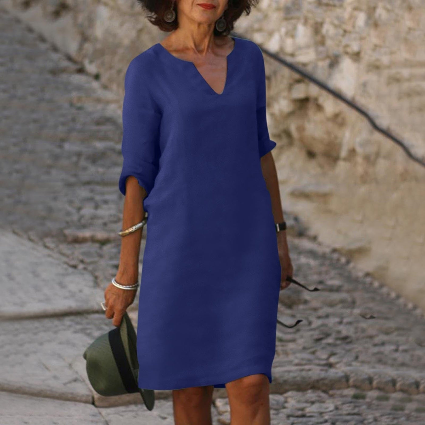 Georgia - Dress with V-Neck and Three-Quarter Sleeves